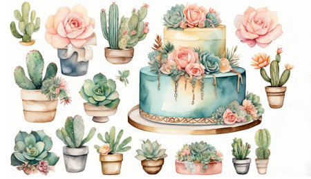 Watercolor succulents set. Cacti and succulents in pots isolated on white background. Sothwestern wedding design elementsの素材