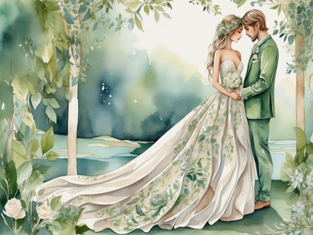 Beautiful bride and groom in wedding dress. Watercolor painting. Secret garden wedding design elementの素材
