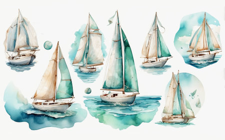 Watercolor sailboats set. Hand drawn illustration isolated on white backgroundの素材