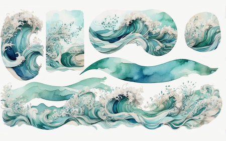 Set of hand drawn blue waves. Watercolor illustration for your designの素材
