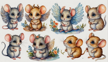 Set of cute little mice in different poses isolated on white background. Watercolor illustration.の素材