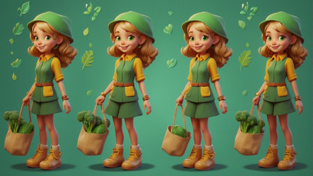 Girl with a bag of vegetables. Cartoon character Digital illustration.の素材
