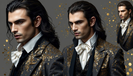 Collage of three young handsome men in elegant suits with golden confetti, halloween vampire style costume character designの素材