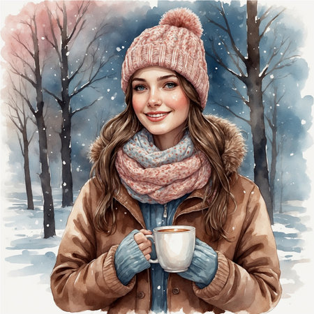 Winter portrait of a beautiful young woman with cup of hot drink.の素材