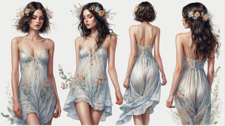 Collage of beautiful young woman with flowers in her hair. Fashion summer illustrationの素材