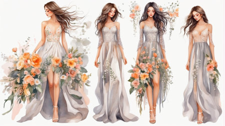 Wedding bridesmaids. Set of wedding dresses. Summer bliss girls walking, vacation style artの素材