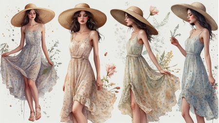 Collage of three beautiful women in dresses and straw hats with flowers, vintage style summer outfits, happy vacation artの素材