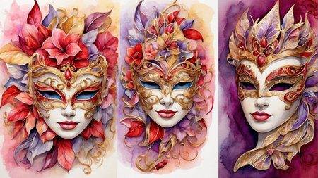 Venetian masks with floral ornaments, watercolor painting, masquerade artの素材