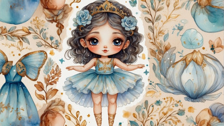 Watercolor illustration of a cute little princess ballerina with a crown on her headの素材