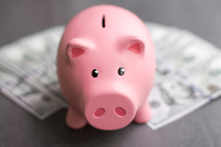 Piggy bank style money box on background with money american hundred dollarの写真素材