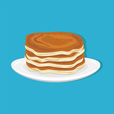 Flavored breakfast pancakes on a white plate with a blue background. Vector illustrationのイラスト素材