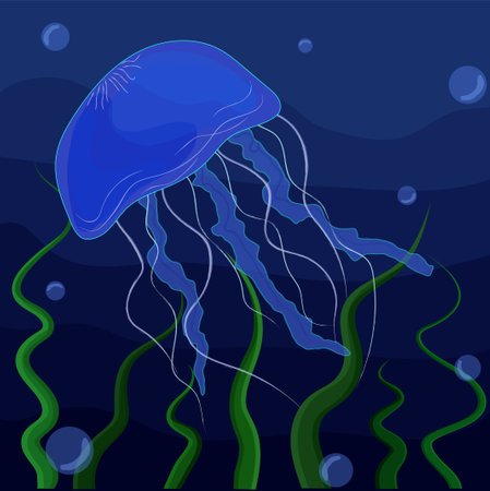 Blue jellyfish on a dark blue background with green algaeのイラスト素材
