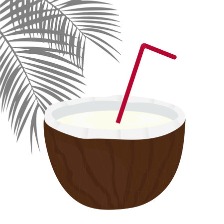 Half coconut with milk with red straw and palm leafのイラスト素材
