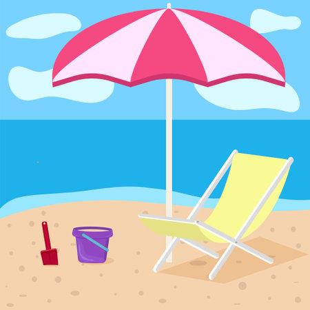 Deck chair and bucket with shovel on the beach under an umbrellaのイラスト素材