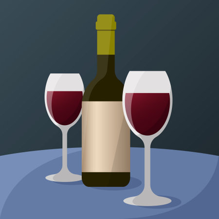 Two glasses with wine and a bottle are on the tableのイラスト素材