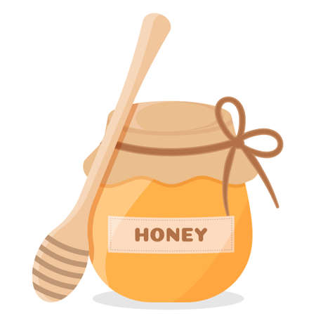Jar with honey and stick isolated on white backgroundのイラスト素材