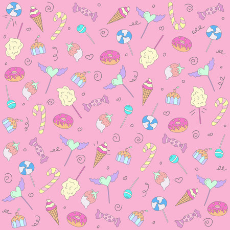 Different colorful sweets and pastries in doodle styleのイラスト素材