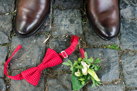 Groom's accessories: brown stylish shoes and red necktie, boutonniere.の写真素材