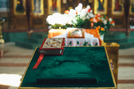 A bible on the altar. Orthodox Church. Orthodox paraphernalia.の写真素材