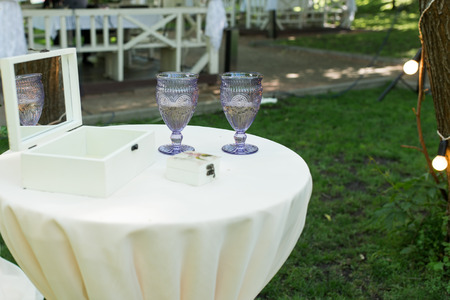 Wine glasses. Two lilac royal vintage wine glasses. Wedding detailsの写真素材