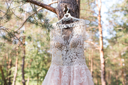 Image of the wedding dress on a hangerの写真素材