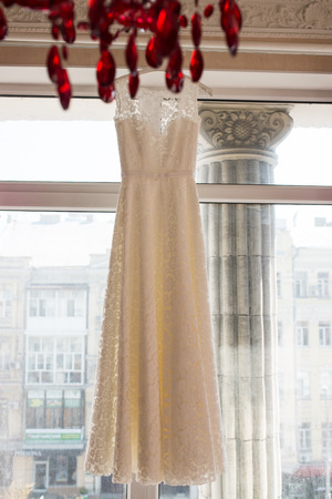Wedding dress on hanger. Beautiful gown. Weddingの写真素材