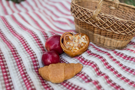 Romantic picnic in the garden - a basket with bakery and apples. Picnic on the lawn. Objects for picnic on a coverlet. Weekend.の写真素材