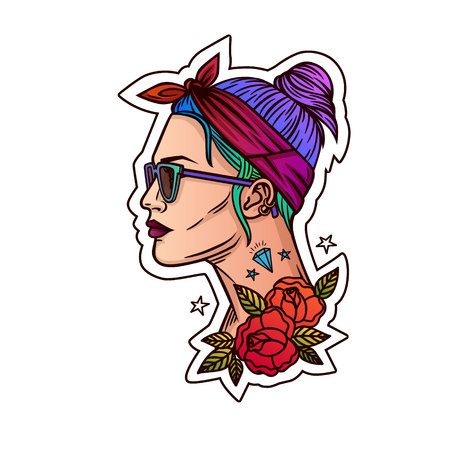 Illustration, sticker. Portrait of a girl in a hipster style. Tattoo the girl's face.のイラスト素材