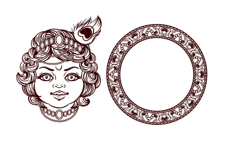 Baby Krishna vector cartoon illustration. Hindu god, isolated character. Mandala ornament isolated.のイラスト素材