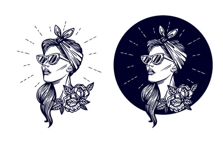 Vector hipster  . Label, badge girl silhouette. Vector black and white illustration of a girls head in retro styleのイラスト素材