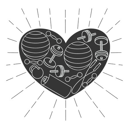 Vector set of equipment for gym. Black and white outline icons of  equipment for fitness workout in frame of heart.のイラスト素材