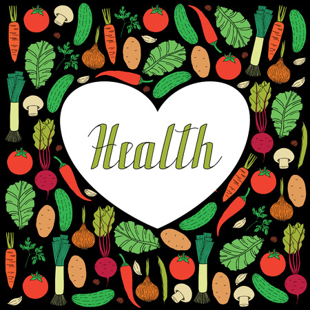 Set of hand drawn vegetables on black background and lettering health inside heart shapeのイラスト素材