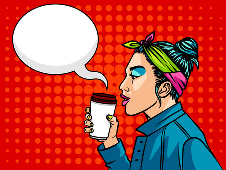 Teenage girl in 90s style drinking a coffee.  Face of girl in profile from 90s with cup of coffee over red halftone backgroundのイラスト素材