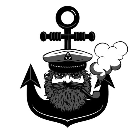 Vector Black and white Captain in a hat with a beard smokes a pipe on a background of sea helm.のイラスト素材
