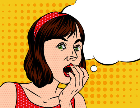 A Girl  in shocked emotion. Woman holds a hand near her mouth. The girl is scared.. Speech bubble over background of pop art styleのイラスト素材