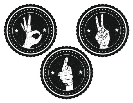 Hand drawn sign for communication from the fingers. Black and white logotype with hands signs inside and grange textureのイラスト素材