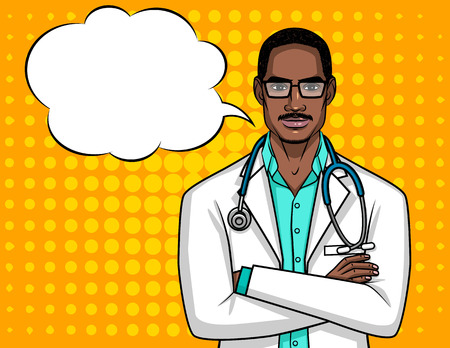 Vector portrait of a doctor with glasses. A male doctor with a stethoscope holds his hands on his chest. A Afro American guy doctor in a medical robe over the halftone backgroundのイラスト素材