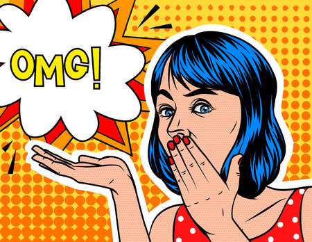 A Girl  in shocked emotion. Woman holds a hand near the mouth . The girl  in surprise. Speech bubble with "OMG!" text on background of pop art styleのイラスト素材