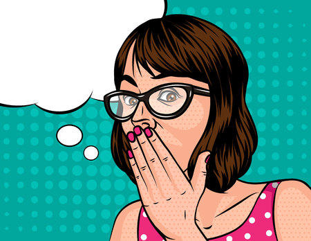 A girl with a short hair in shocked emotion. Woman in glasses holds a hand near the mouth . The girl opened her mouth in surprise. Surprised  face with speech bubble on background of pop art styleのイラスト素材