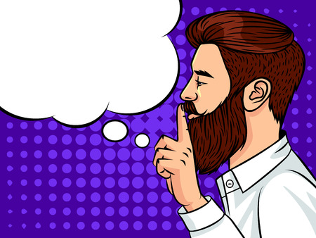 Young handsome guy European type holding a finger to his mouth. Face of man over halftone background effect. Portrait of a man with a beard and a mustache.のイラスト素材