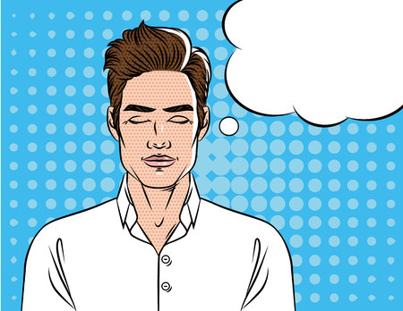 A man in a white shirt with closed eyes. A man dreaming. Portrait of a young man over halftone background with a speech bubbleのイラスト素材