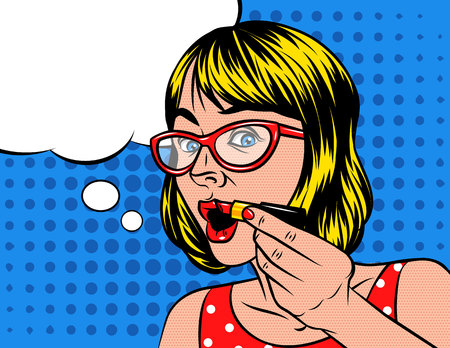 Woman in glasses holds lipstick near the mouth and speech bubble in pop art style.のイラスト素材