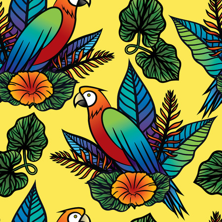 Tropical pattern with leaves and birds,colorful illustration.のイラスト素材
