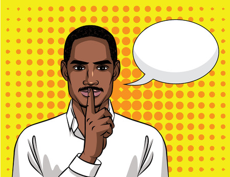 Young handsome guy Afro American type  holding a finger near his mouth with speech bubble over halftone background effect.のイラスト素材