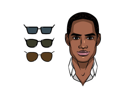 Portrait of a young man with different shapes of sunglasses.のイラスト素材