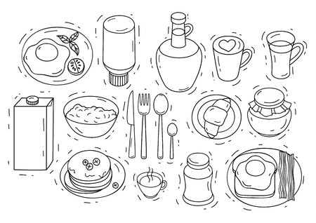 Vector set of ingredients for breakfast. Sketch hand drawn illustration of food top view. Doodle style elements for eatingのイラスト素材