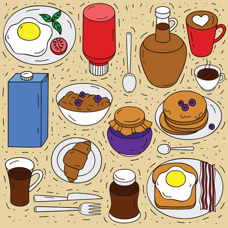 Vector set of ingredients for breakfast. Sketch hand drawn illustration of food top view. Doodle style elements for eatingのイラスト素材