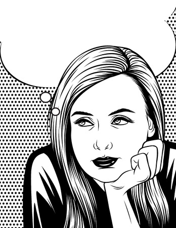 Vector black and white illustration of woman thinking and looking up over dot pattern background.のイラスト素材