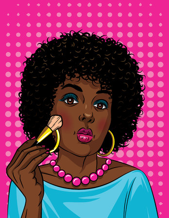 Colorful illustration in pop art style of beautiful african american girl doing makeup. Fashionable woman holding blush brush in her handのイラスト素材
