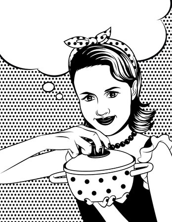 Black and white poster of a beautiful woman in comic art style holding a pot with dots pattern at the back.のイラスト素材